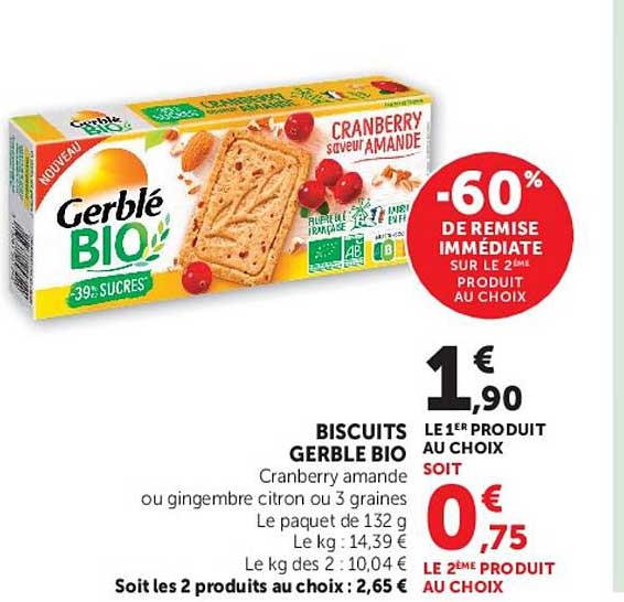 BISCUITS GERBLE BIO Cranberry amande ou gingembre citron ou 3 graines Le paquet de 132 g