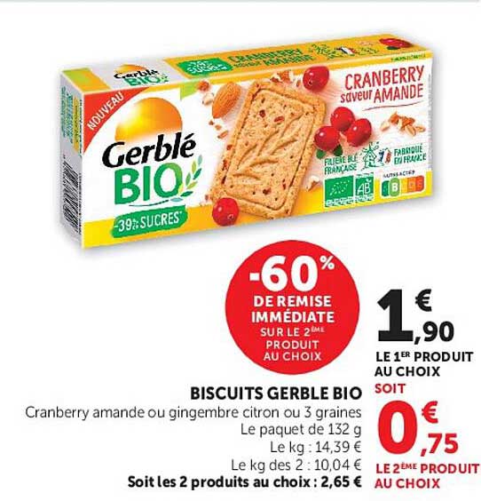 Biscuits Gerblé Bio Cranberry amande ou gingembre citron ou 3 graines