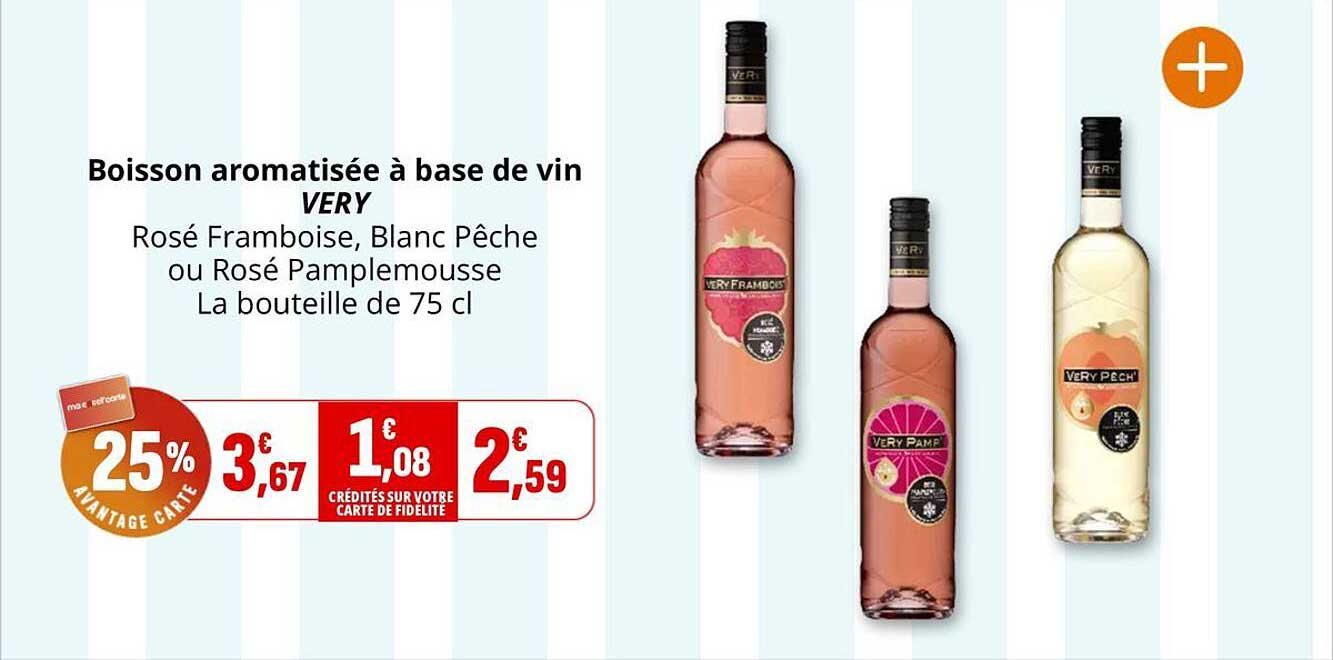 Boisson aromatisée à base de vin VERY Rosé Framboise, Blanc Pêche ou Rosé Pamplemousse La bouteille de 75 cl
