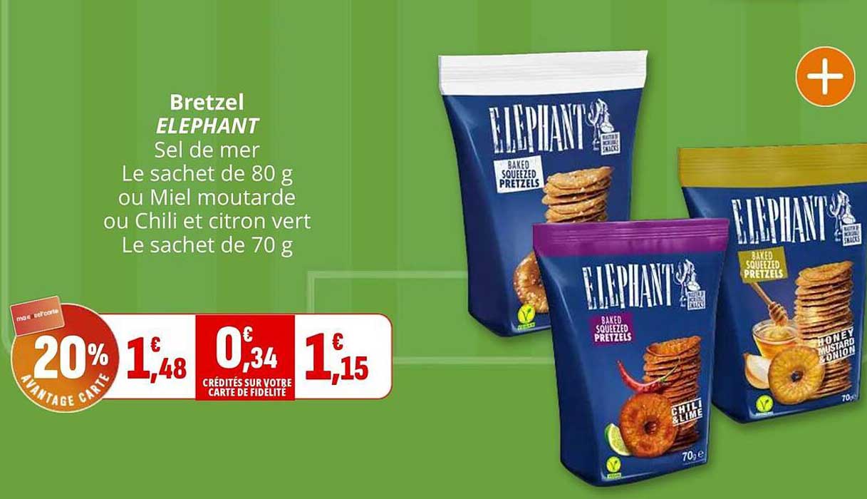 Bretzel ELEPHANT Sel de mer Le sachet de 80 g ou Miel moutarde ou Chili et citron vert Le sachet de 70 g