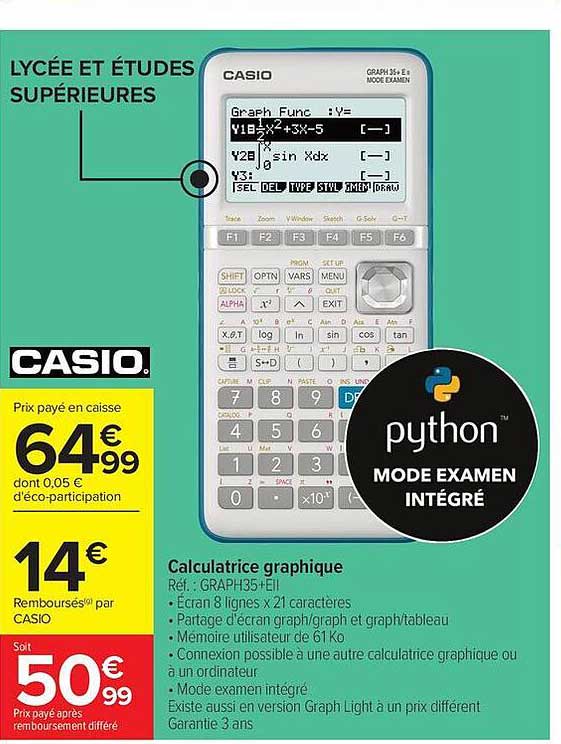 Calculatrice graphique CASIO Graph 35+E II – Python mode examen intégré