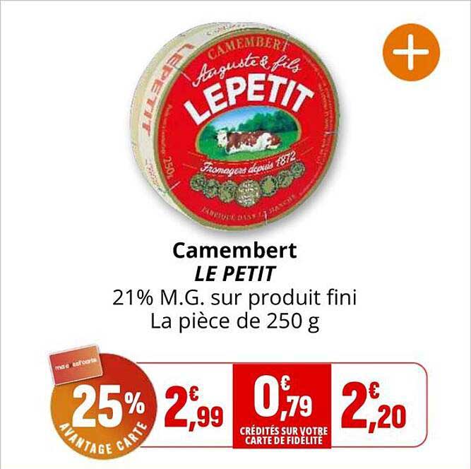 Camembert LE PETIT 21% M.G. sur produit fini La pièce de 250 g