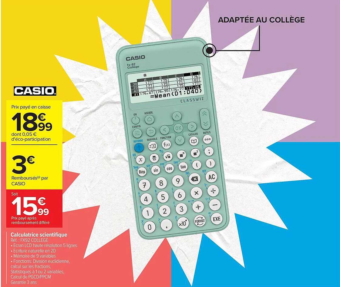 CASIO Calculatrice scientifique FX92 COLLEGE - ADAPTÉE AU COLLÈGE