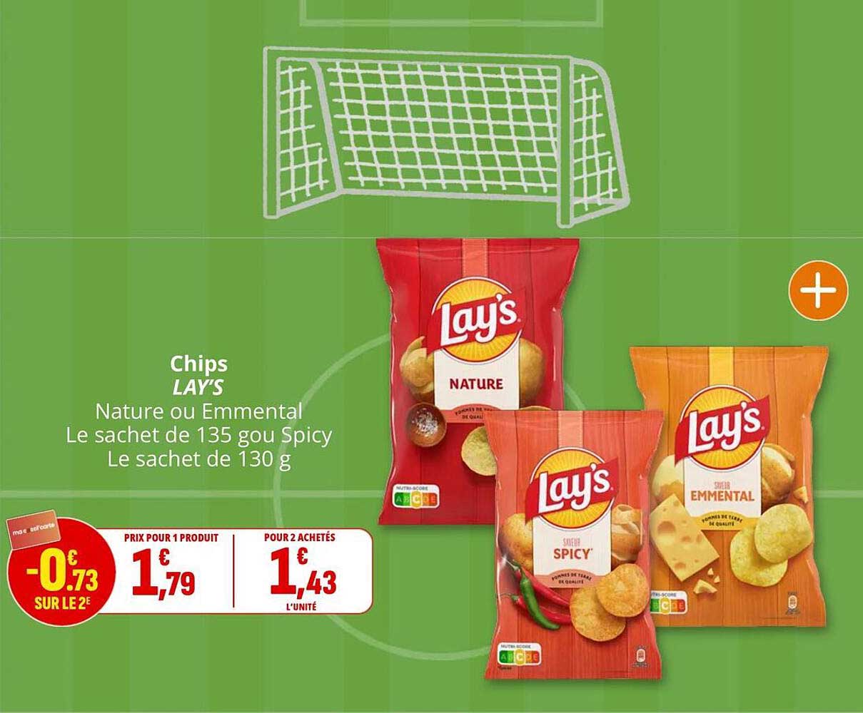 Chips LAY'S Nature ou Emmental Le sachet de 135 g ou Spicy Le sachet de 130 g