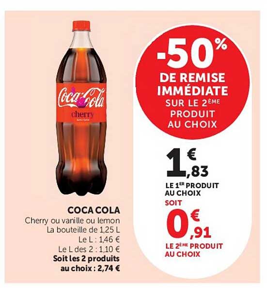 COCA COLA Cherry ou vanille ou lemon La bouteille de 1,25 L