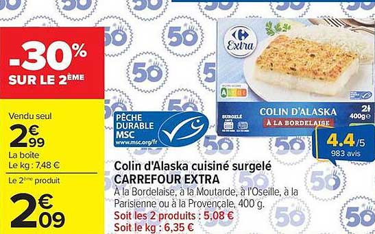 Colin d'Alaska cuisiné surgelé CARREFOUR EXTRA
