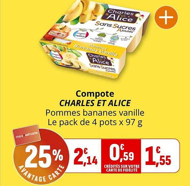 Compote CHARLES ET ALICE Pommes bananes vanille Le pack de 4 pots x 97 g