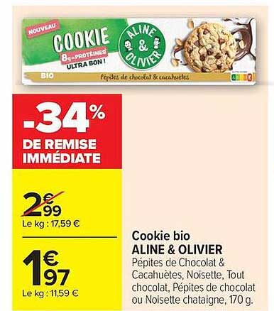 Cookie bio ALINE & OLIVIER Pépites de Chocolat & Cacahuètes, Cacahuètes, Noisette, Tout chocolat, Pépites de chocolat ou Noisette châtaigne, 170 g.