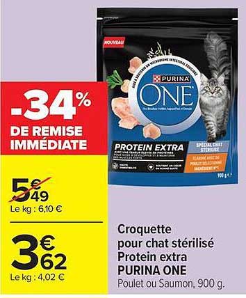Croquette pour chat stérilisé Protein extra PURINA ONE Poulet ou Saumon, 900 g.