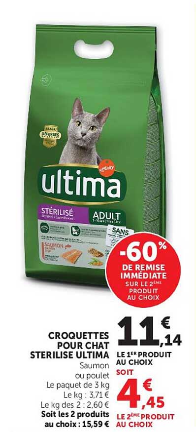 CROQUETTES POUR CHAT STERILISE ULTIMA Saumon ou poulet