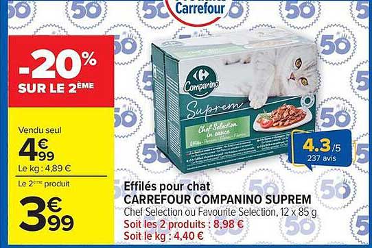 Effilés pour chat CARREFOUR COMPANINO SUPREM Chef Sélection ou Favourite Selection, 12 x 85 g