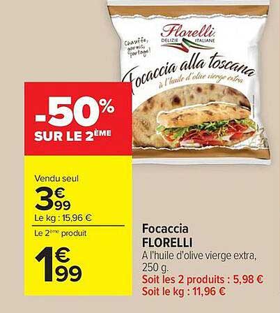 Focaccia FLORELLI A l'huile d'olive vierge extra, 250 g