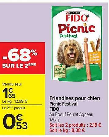 Friandises pour chien Picnic Festival FIDO Au Boeuf Poulet Agneau 126 g. Soit les 2 produits : 2,18 € Soit le kg : 8,38 €