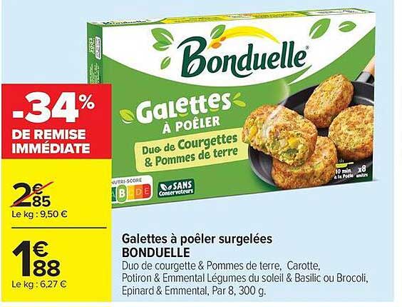 Galettes à poêler surgelées BONDUELLE Duo de Courgette & Pommes de terre, Carotte, Potiron & Emmental Légumes du soleil & Basilic ou Brocoli, Epinard & Emmental, Par 8, 300 g.