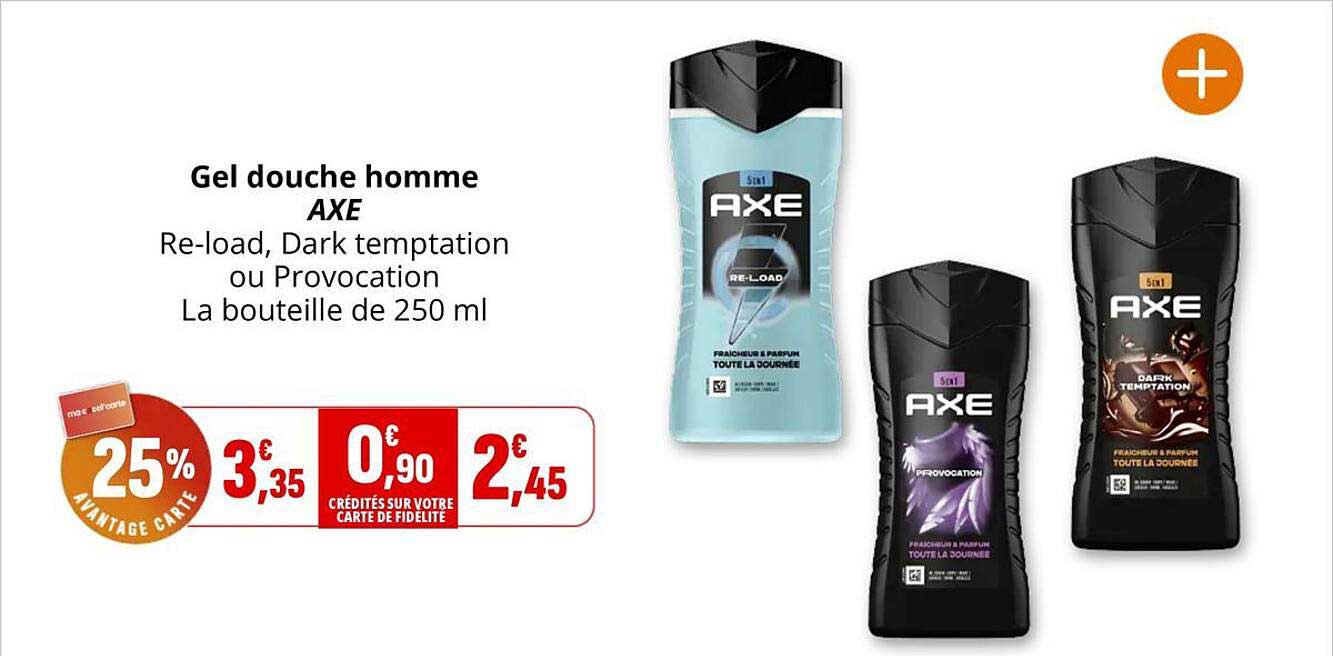Gel douche homme AXE Re-load, Dark temptation ou Provocation La bouteille de 250 ml