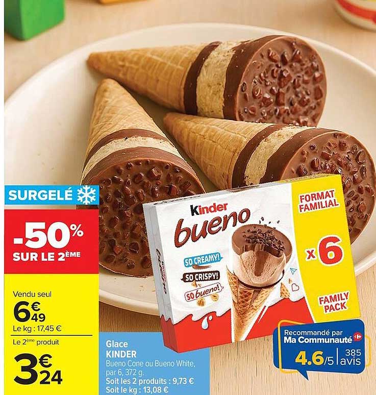 Glace KINDER Bueno Cone ou Bueno White, par 6, 372 g.