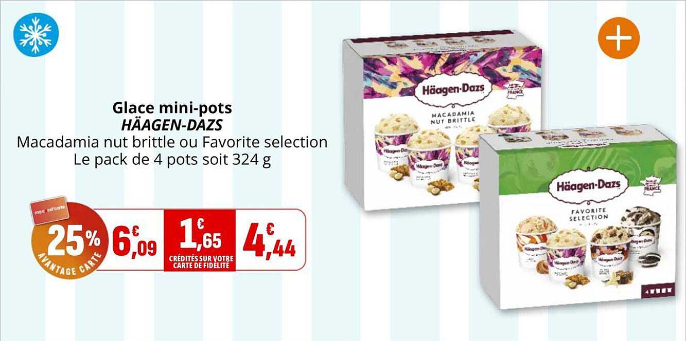 Glace mini-pots HÄAGEN-DAZS Macadamia nut brittle ou Favorite selection Le pack de 4 pots soit 324 g