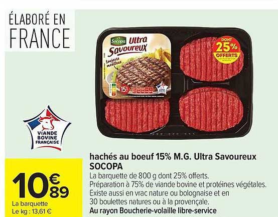 hachés au boeuf 15% M.G. Ultra Savoureux SOCOPA
