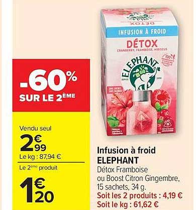 Infusion à froid ELEPHANT Détox Framboise ou Boost Citron Gingembre, 15 sachets, 34 g