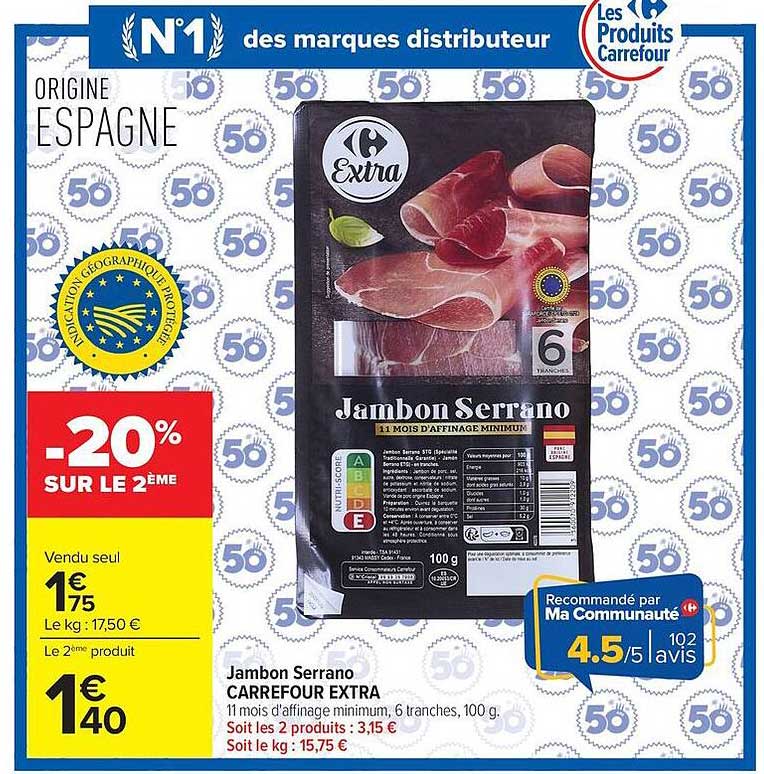 Jambon Serrano CARREFOUR EXTRA 11 mois d’affinage minimum, 6 tranches, 100 g.