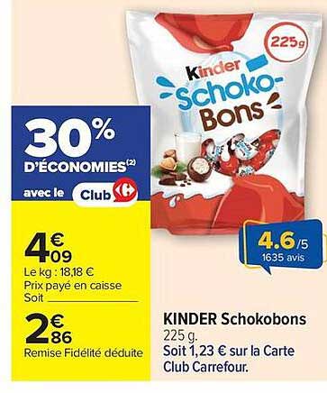 KINDER Schokobons 225 g. Soit 1,23 € sur la Carte Club Carrefour.