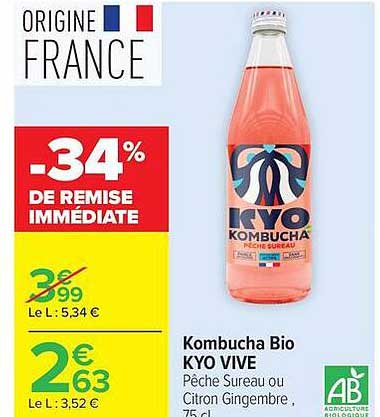 Kombucha Bio KYO VIVE Pêche Sureau ou Citron Gingembre 75 cl