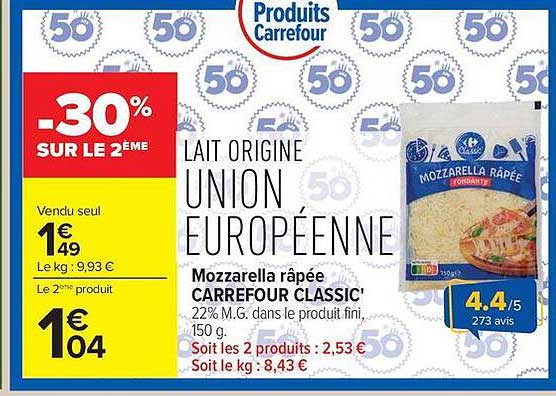 Lait origine Union Européenne Mozzarella râpée Carrefour Classic'