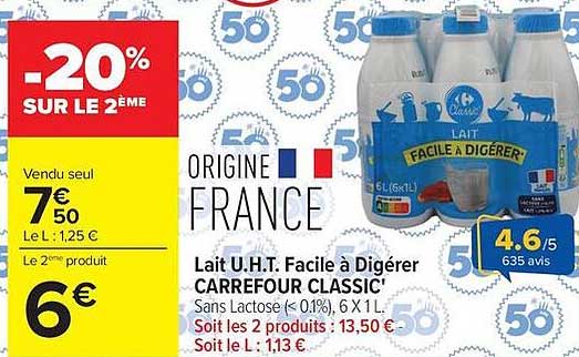 Lait U.H.T. Facile à Digérer CARREFOUR CLASSIC