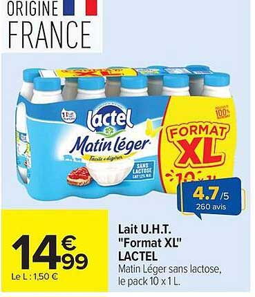 Lait U.H.T. "Format XL" LACTEL Matin Léger sans lactose, le pack 10 x 1 L.