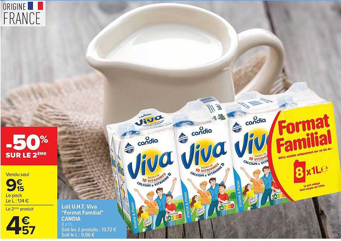 Lait U.H.T. Viva "Format Familial" CANDIA 8 x 1L