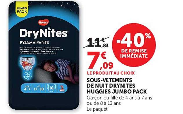 LE PRODUIT AU CHOIX SOUS-VÊTEMENTS DE NUIT DRYNITES HUGGIES JUMBO PACK