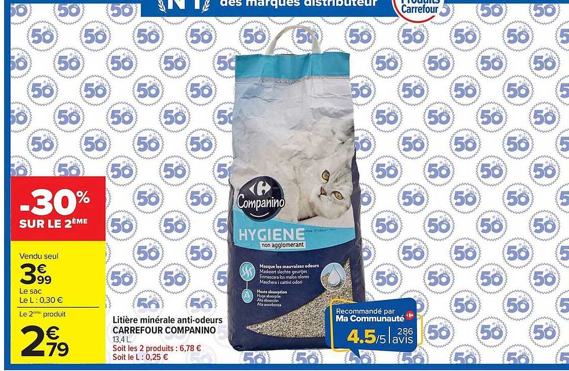 Litière minérale anti-odeurs CARREFOUR COMPANINO 13,4 L