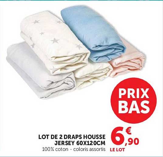 LOT DE 2 DRAPS HOUSSE JERSEY 60X120CM