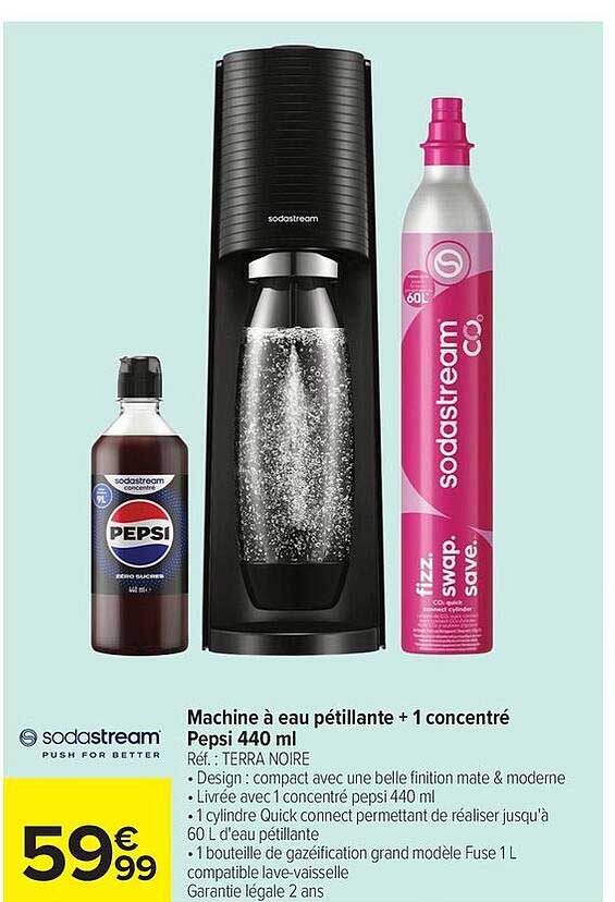 Machine à eau pétillante + 1 concentré Pepsi 440 ml