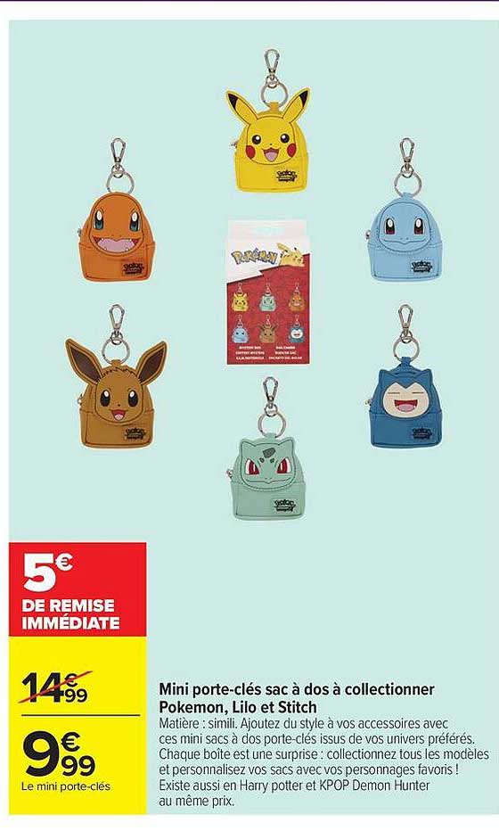 Mini porte-clés sac à dos à collectionner Pokemon, Lilo et Stitch