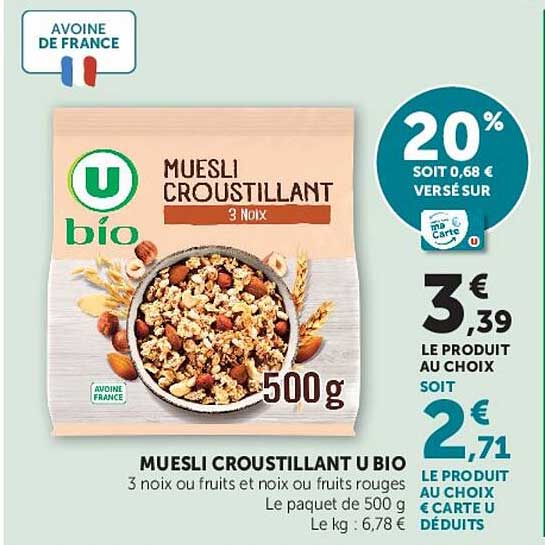 MUESLI CROUSTILLANT U BIO 3 noix ou fruits et noix ou fruits rouges