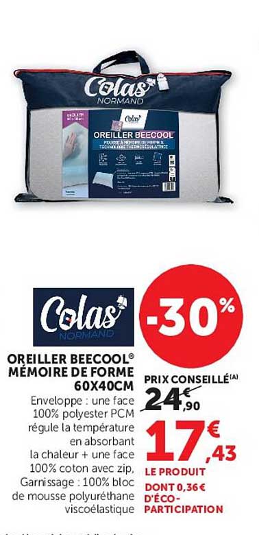OREILLER BEECOOL MÉMOIRE DE FORME 60X40CM