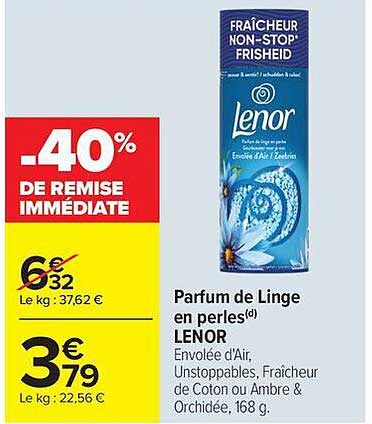 Parfum de Linge en perles(d) LENOR Envolée d'Air, Unstoppables, Fraîcheur de Coton ou Ambre & Orchidée, 168 g.