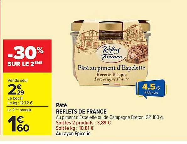 Pâté REFLETS DE FRANCE Au piment d'Espelette ou de Campagne Breton IGP, 180 g
