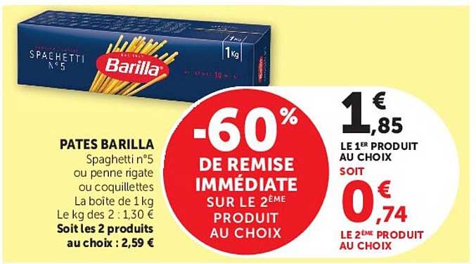 PATES BARILLA Spaghetti n°5 ou penne rigate ou coquillettes