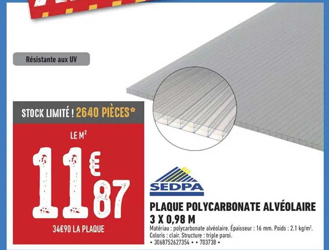 PLAQUE POLYCARBONATE ALVÉOLAIRE 3 X 0,98 M