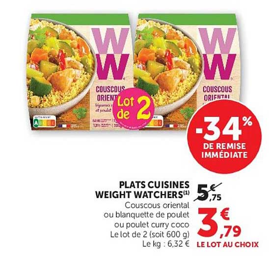 PLATS CUISINES WEIGHT WATCHERS Couscous oriental ou blanquette de poulet ou poulet curry coco Le lot de 2 (soit 600 g) Le kg : 6,32 €