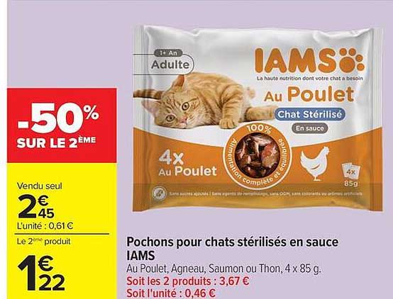 Pochons pour chats stérilisés en sauce IAMS Au Poulet, Agneau, Saumon ou Thon, 4 x 85 g