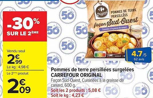 Pommes de terre persillées surgelées CARREFOUR ORIGINAL – Façon Sud-Ouest. Cuisinées à la graisse de canard, 600 g.