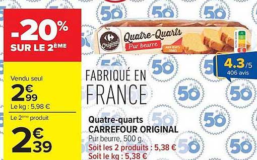 Quatre-quarts CARREFOUR ORIGINAL Pur beurre, 500 g.