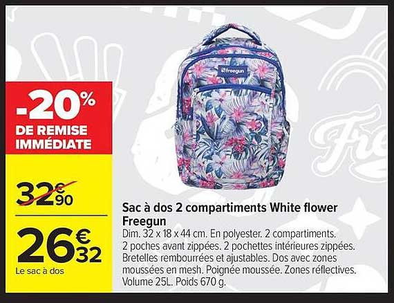 Sac à dos 2 compartiments White flower Freegun