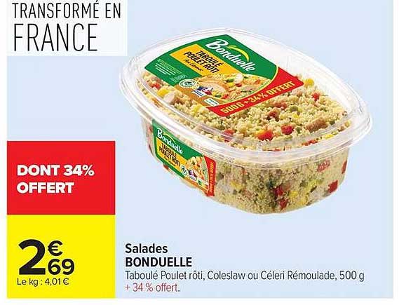Salades BONDUELLE Taboulé Poulet rôti, Coleslaw ou Céleri Rémoulade, 500 g + 34% offert.