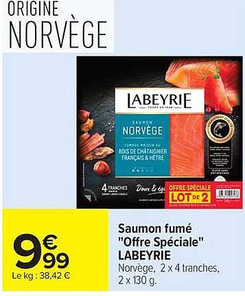 Saumon fumé "Offre Spéciale" LABEYRIE Norvège, 2 x 4 tranches, 2 x 130 g.