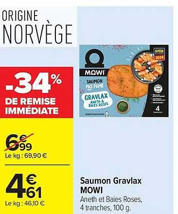 Saumon Gravlax MOWI Aneth et Baies Roses, 4 tranches, 100 g.