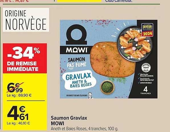 Saumon Gravlax MOWI Aneth et Baies Roses, 4 tranches, 100 g